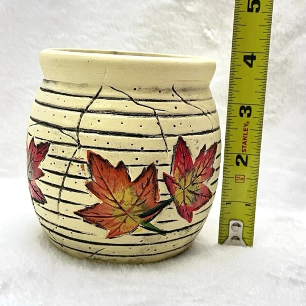 Heritage Pottery Vase Cream With Bright Orange‎ Leaves And Black Etching